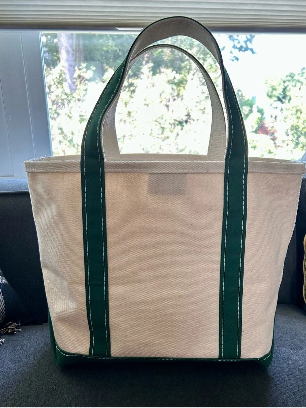 L.L. Bean Medium Cream Canvas Tote with Green Trim -New - Picture 2 of 5